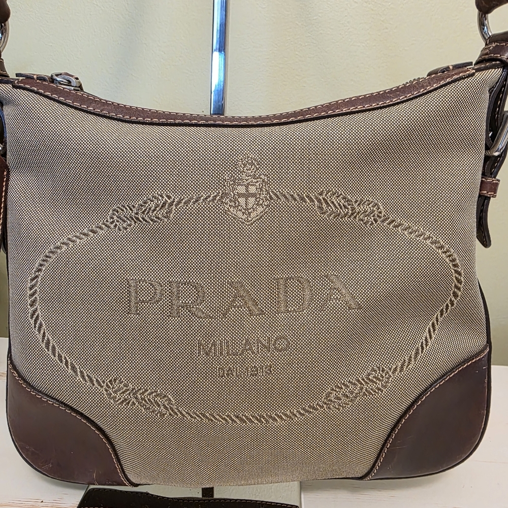 Prada | Small Prada Logo Jacquard Tan Canvas Shoulder/Crossbody  Bag - Picture 4 of 15
